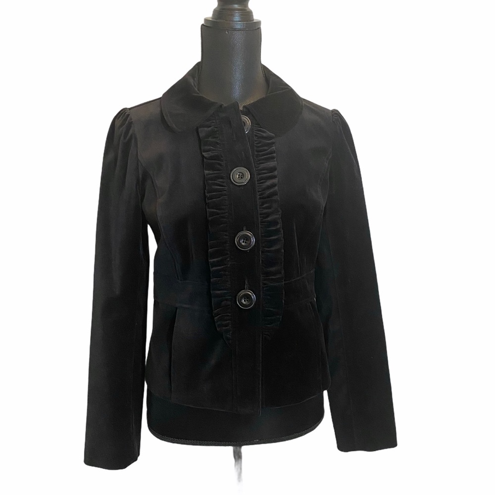 Halogen Black Velvet Jacket Women's Size Small Black Ruffle Buttons